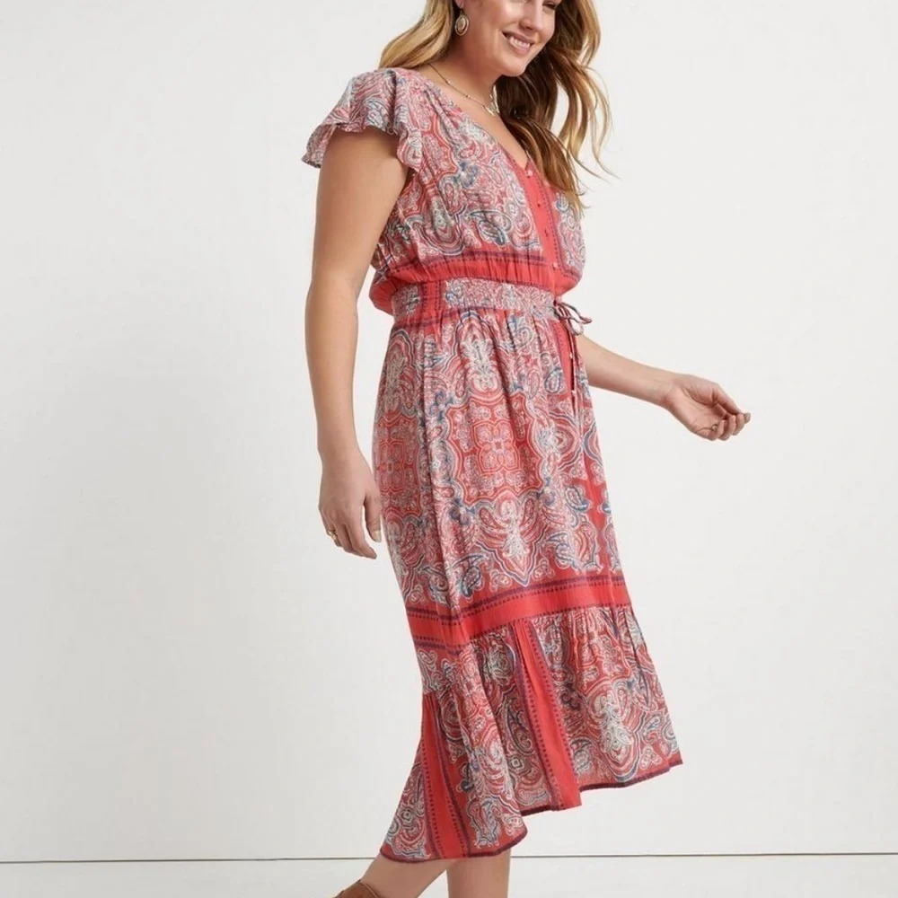 Lucky Brand Midi Dress Coral Blue Border Print Boho Medium